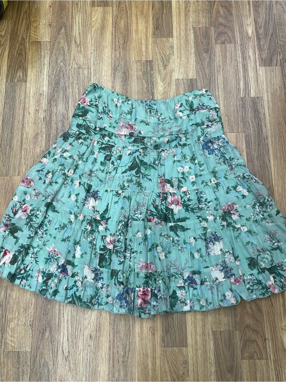 Anna Sui Mint Green Floral Tiered Skater Skirt